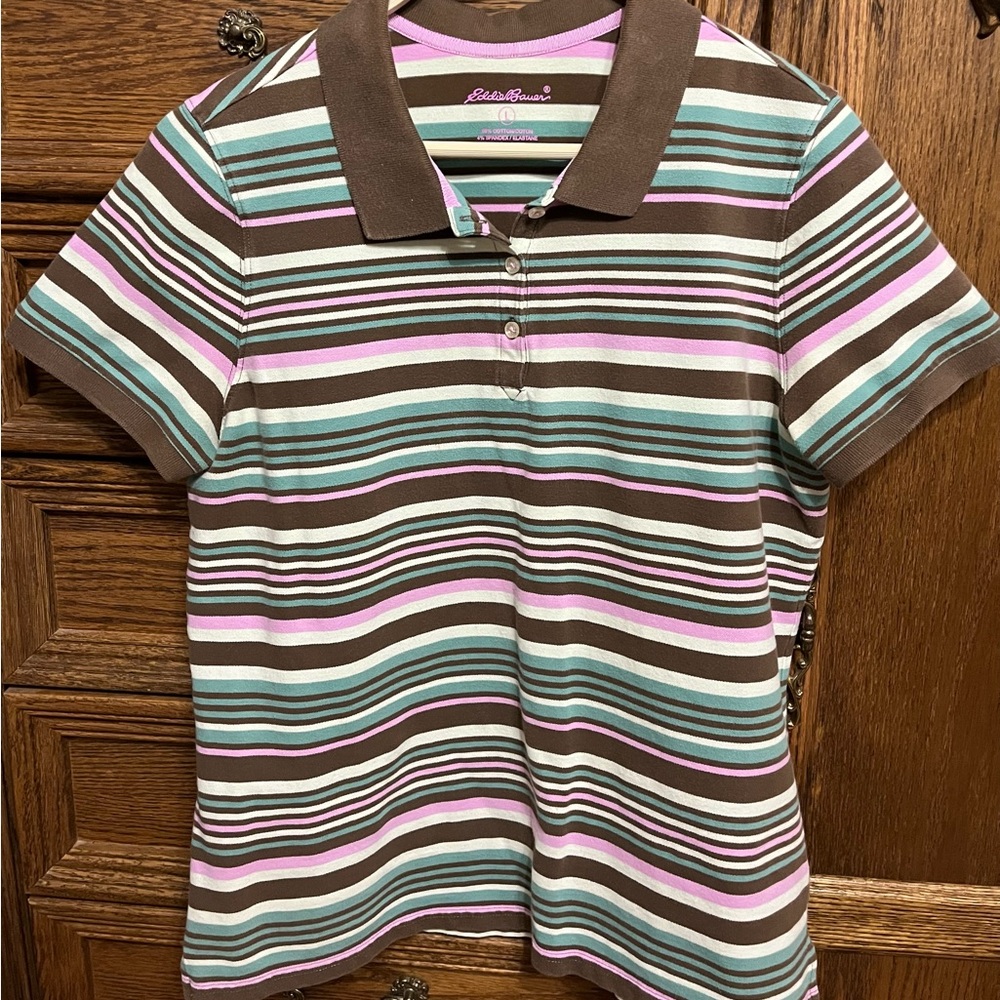 Eddie Bauer short sleeve polo, large; brown, green &  pink multi color striped
